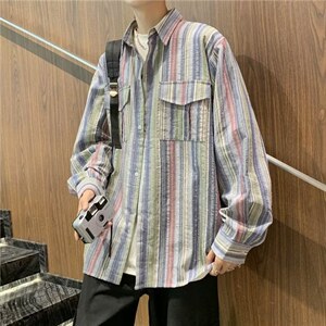 复古条纹长袖衬衫男港风彩虹拼色衬衣原宿风CS728P36图片