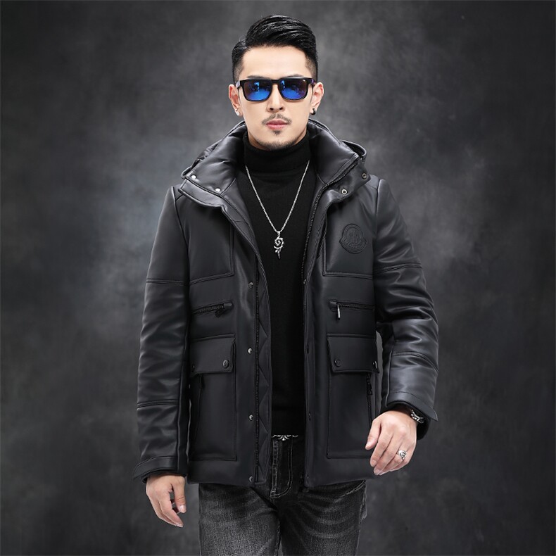 Y-XJ92216海宁皮衣男绵羊皮白鸭绒羽绒服连帽皮夹克男P700,男装皮衣,电商B360