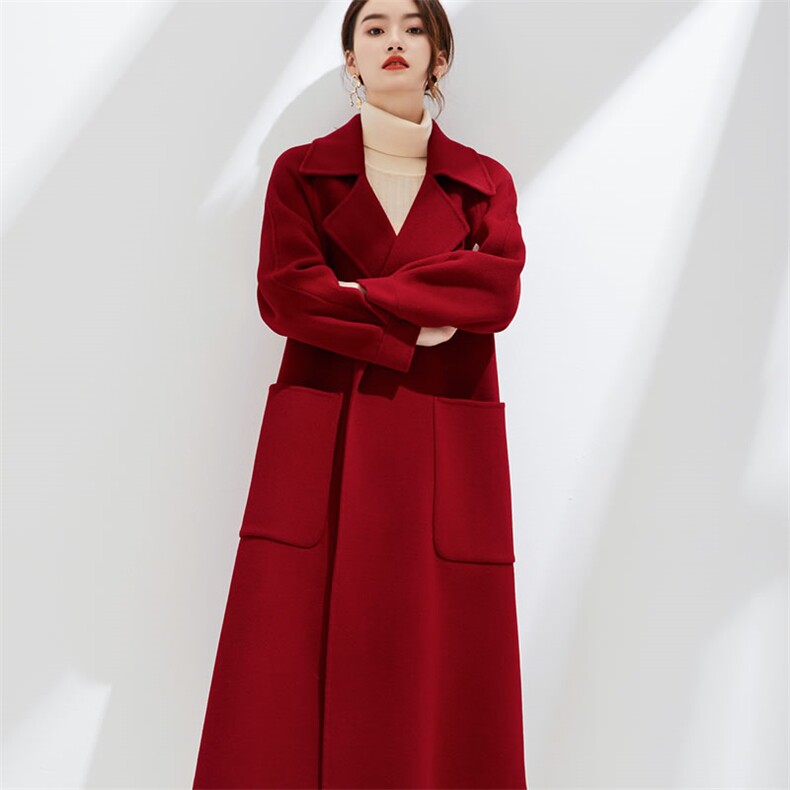 双面羊绒大衣女腰带系带中长款韩版西装领毛呢外套秋冬收腰显瘦，女装双面呢大衣，阿吉丽克