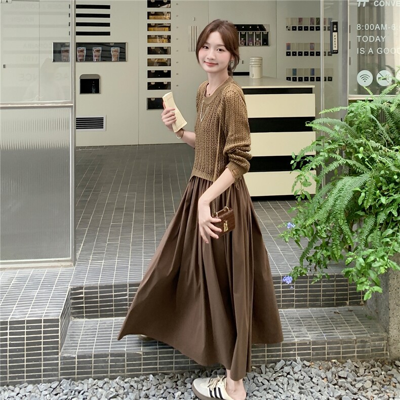 早秋新款不规则长袖镂空针织衫慵懒风收腰气质吊带连衣裙两件套，女装连衣裙，维壹