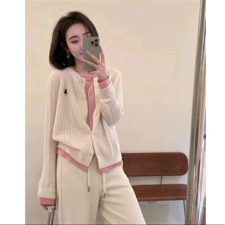 24秋冬新款针织开衫女圆领精仿羊毛假两件外套女麻花刺绣毛衣女,针织衫/毛衣,美轩羊绒