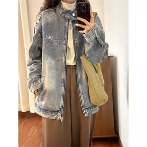 美式牛仔外套男春秋款美式复古高级感欧美潮牌条纹立领夹克衫图片