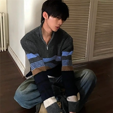 【有货】DMY307-特批50立领条纹毛衣男冬季新款套头半拉链针织衫，男装针织衫/毛衣，星座603-2