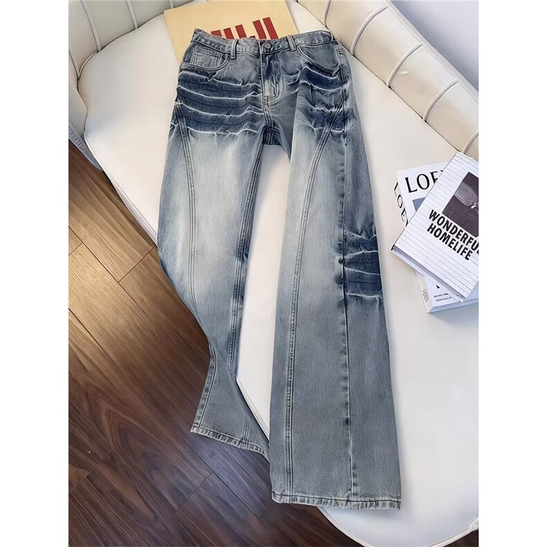 美式闪电纹牛仔裤男女春秋新款复古显瘦辣妹直筒阔腿裤WL4522-P40,男装牛仔裤,星座1008