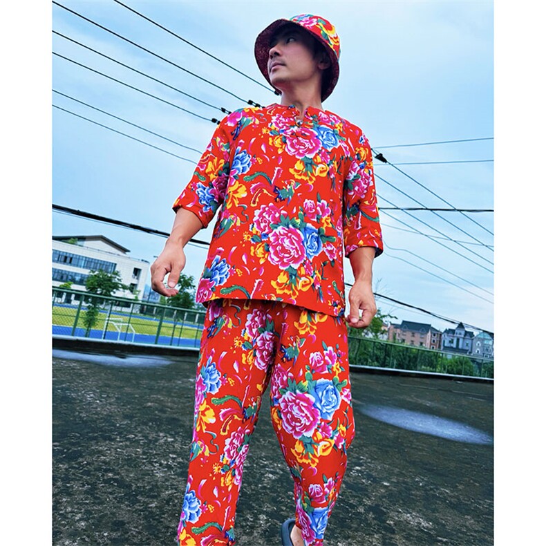 TZ340男士夏秋风大花套装大码宽松凉爽透气个性外套可作睡衣图片