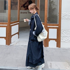 高级感单排扣设计感牛仔外套半身裙两件套女韩系气质时髦长款风衣，女装套装/套裙，2C112