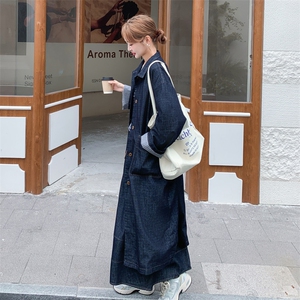 高级感单排扣设计感牛仔外套半身裙两件套女韩系气质时髦长款风衣图片