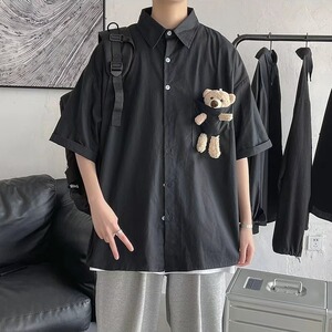 公仔小熊短袖衬衫男女夏季韩版潮流宽松潮牌cleanfit休闲情侣衬衣图片