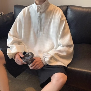 676-P38 半拉链卫衣男春秋季华夫格无帽初春上衣美式潮牌外套图片