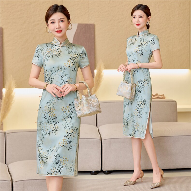 杭州品质真丝中长裙考试专用节节高女春夏日常修身潮流真丝旗袍，女装汉服/婚纱/旗袍/礼服，小荷流