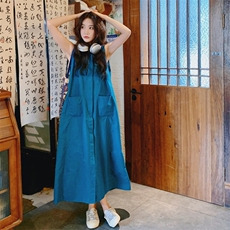 蓝色泡泡袖连衣裙女2025夏季新款法式气质收腰显瘦中长款a字裙子，女装连衣裙，2C158