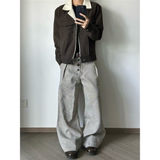 千鸟格复合打褶排扣a字阔腿西裤老钱风cleanfit通勤百搭，男装西裤，星座506A