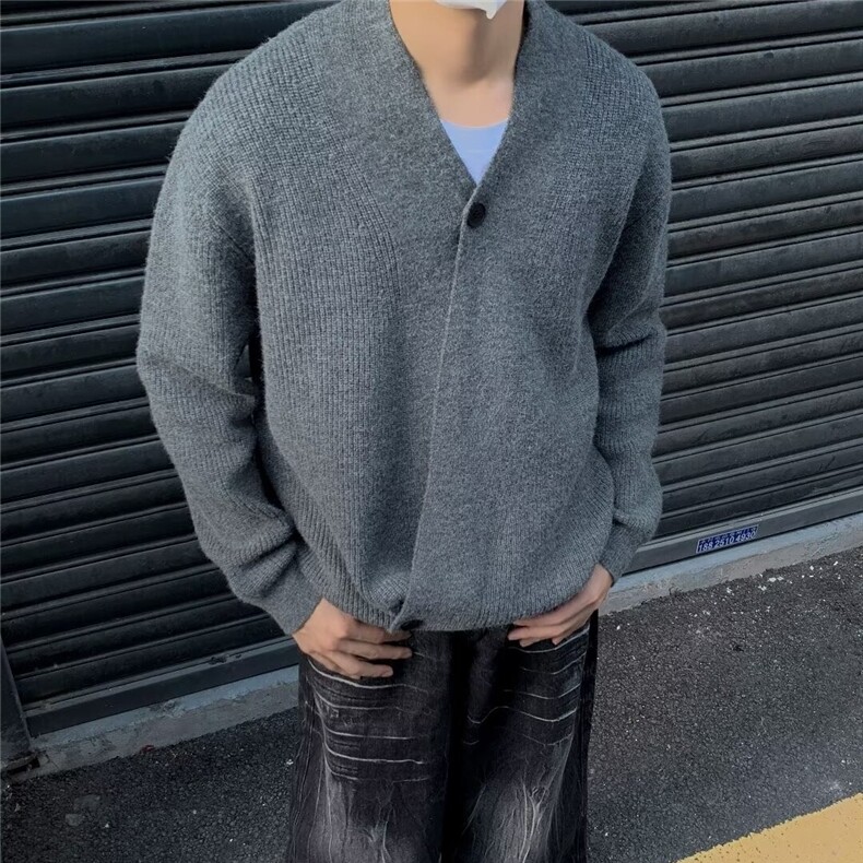 得物品质秋款男V领毛衣开衫道袍针织衫休闲外套M86 P72图片