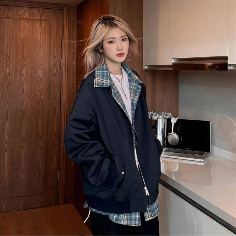 网图慎用撞色拼接格子假两件夹克外套男女春季翻领JK3102P65,男装夹克,电商A128