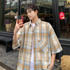 短袖衬衫男夏季新款磨毛格子衬衣DX002-特批26无差价，男装衬衫，星座214-3