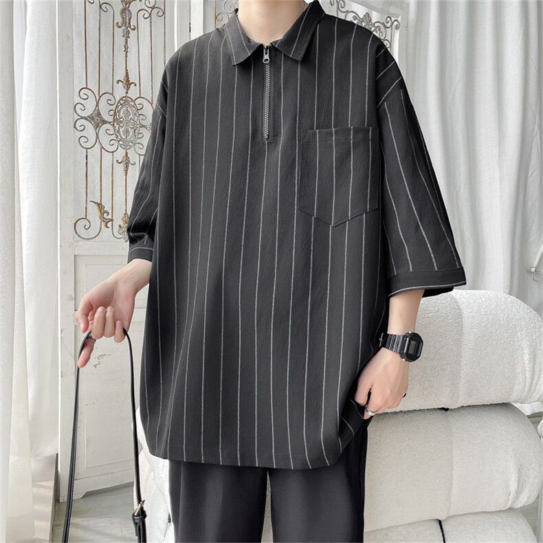 C8080/P35港风新款夏季个性条纹polo衫衬衣男大码T恤衬衫上衣男，男装Polo衫，电商A141