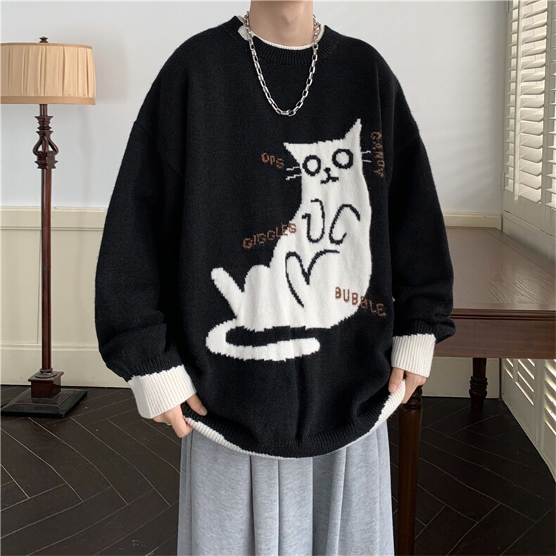 EQ325假两件撞色卡通猫咪提花毛衣外套冬季2024新款针织衫，男装针织衫/毛衣，电商C306-1