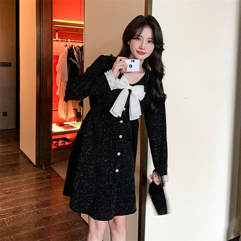 春装现货洋气减龄蝴蝶结赫本风小黑裙2906P125K188,女装连衣裙,2C029