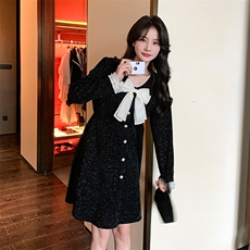 春装现货洋气减龄蝴蝶结赫本风小黑裙2906P125K188，女装连衣裙，2C029
