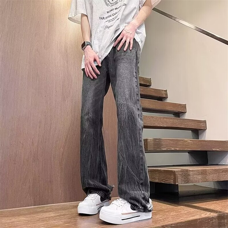 美式半松紧腰扎染牛仔裤男水洗宽松直筒阔腿裤子潮牌高街长裤图片