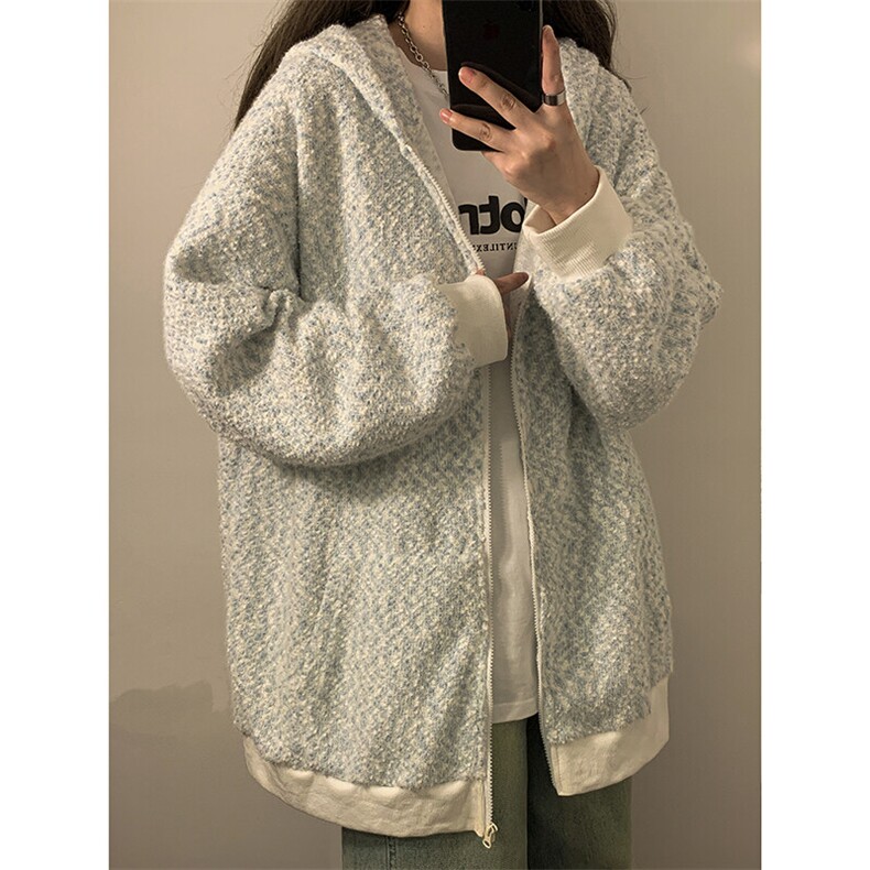 韩系随性自在宽松外套彩点潮流设计新款连帽开衫卫衣HY629P75,女装短外套,电商A102B