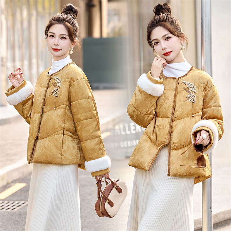 新中式提花羽绒服女2024冬季款毛绒拼接小个子白鸭绒短款外套，女装羽绒服，仟媚宠