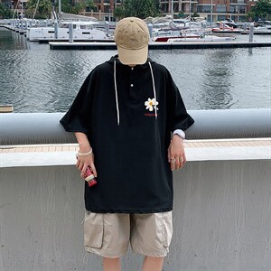 LD54059-P45 连帽短袖t恤男大码胖子带帽五分袖中袖图片