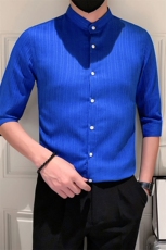 店主风社会小伙男士立领纯色中袖衬衫男痞帅衬衣301/CS398/P55，男装衬衫，星座301A-1