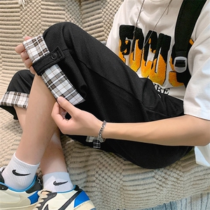 直播2025夏季华夫格港风翻边搭扣格子大码短裤男七分裤K27P28图片
