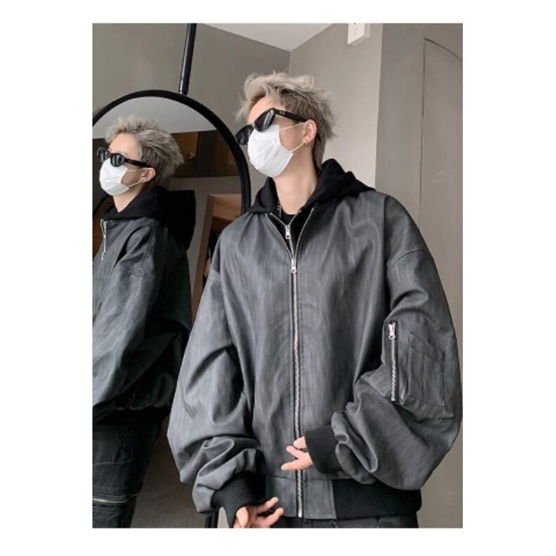 设计美式复古棒球服男春季宽松休闲短款连帽pu皮纹理夹克外套潮流,男装夹克,星座1013-1