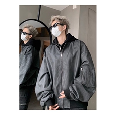 设计美式复古棒球服男春季宽松休闲短款连帽pu皮纹理夹克外套潮流，男装夹克，星座1013-1