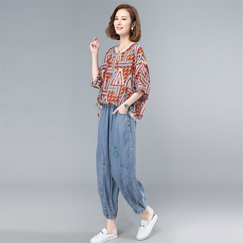 薄款天丝牛仔套装女2025夏季新款大码遮肉显瘦中年妈妈休闲两件套,女装套装/套裙,叶笙衣