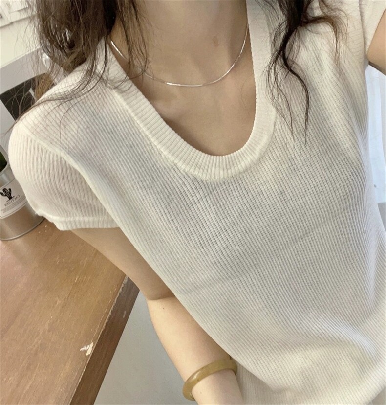 夏新款U领针织衫短袖女修身显瘦打底t恤百搭,针织衫/毛衣,圣旺供货