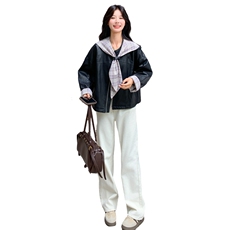 可拆卸格子连帽皮衣外套女2025秋季新款甜酷风宽松小个子短款夹克，女装皮衣，2C236
