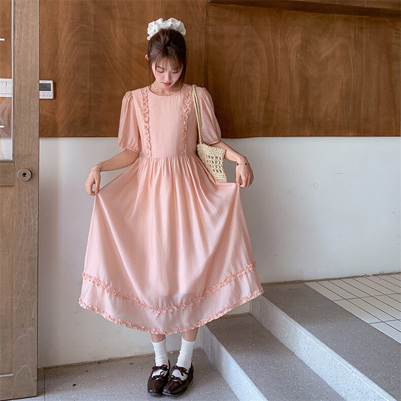 粉色木耳边泡泡袖连衣裙女2025夏季新款法式甜美宽松小个子长裙潮,女装连衣裙,2C317A