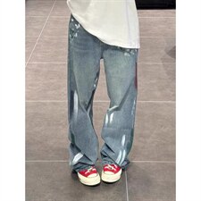 美式水洗做旧破洞街头涂鸦牛仔裤泼墨显瘦拖地直筒裤男LA6200-P45，男装牛仔裤，星座1008