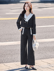 现货法式小香风翻领套装女2025年春秋新款气质减龄阔腿裤两件套，女装套装/套裙，伊仟回