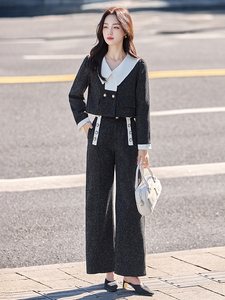 现货法式小香风翻领套装女2025年春秋新款气质减龄阔腿裤两件套图片