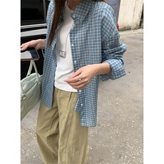 蓝色格子衬衫上衣女2025新款夏季薄款慵懒风休闲宽松，男装衬衫，星座1210-1