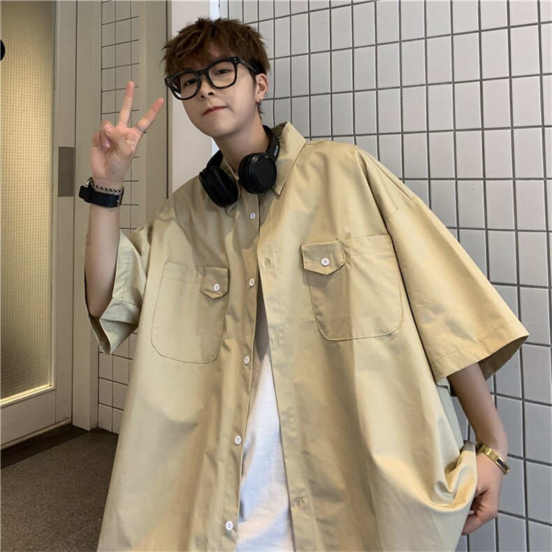 短袖衬衫男夏季日系宽松休闲衬衣青少年翻领半袖外套CS0314-P35,男装衬衫,星座308B-1