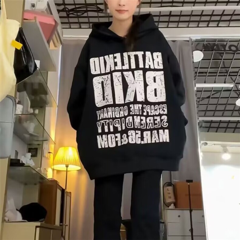 潮牌美式复古斑驳字母印花连帽卫衣女秋冬2025新款百搭外套,女装短外套,星座506A