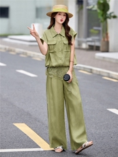 现货轻熟风气质女2026夏季麻料薄款加蕾丝屁帘上衣阔腿裤两件套，商品下架区，伊仟回