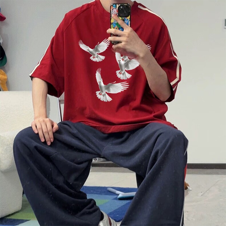 抖音得物高品质二开240克宽松纯棉美式潮牌三条杠织带短袖T恤,男装T恤,电商A486-1
