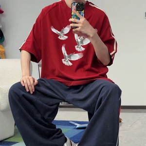 抖音得物高品质二开240克宽松纯棉美式潮牌三条杠织带短袖T恤图片