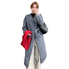 新品灰色假两件长款双面羊毛大衣1C045-H3528P295K438，女装毛呢外套，红龙果