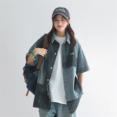 ins宽松型五分袖简约衬衫气质百搭原宿时尚潮流新款翻领文艺女，男装T恤，星座1210-1