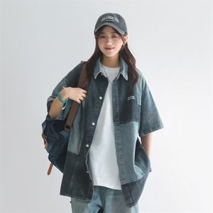 ins宽松型五分袖简约衬衫气质百搭原宿时尚潮流新款翻领文艺女图片
