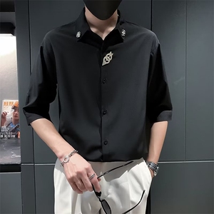 冰丝男士衬衫短袖夏季薄款7七分中袖寸衫痞帅5五分半袖衬衣 C201图片