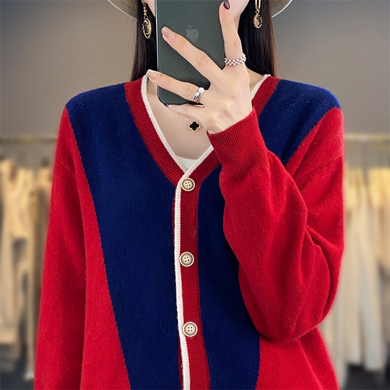 拼色V领100%纯羊毛开衫女25秋冬新款宽松羊绒衫外套长袖针织毛衣，女装羊毛衫，琳尚羊绒