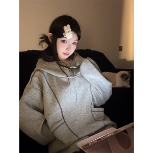 抖音得物高品质秋冬美式高街重磅结构辑明线纹理连帽卫衣外套W111图片